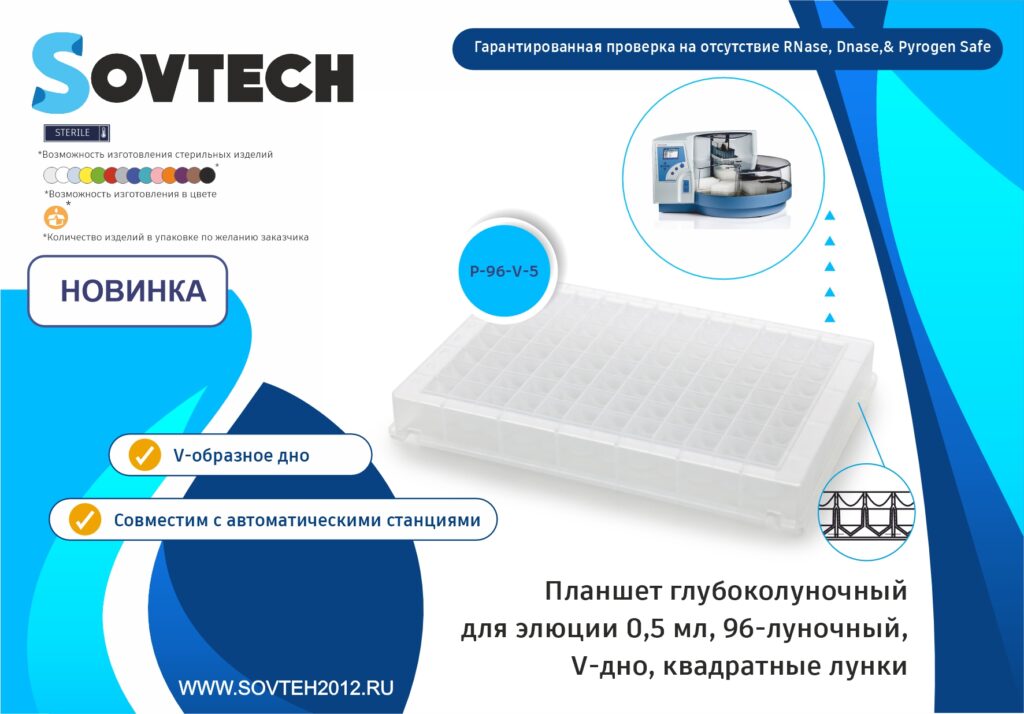 НОВИНКА! Планшет глубоколуночный 0,5 мл, 96-луночный, V-дно, с квадратными лунками (Планшет для элюции 96-Elution plate)