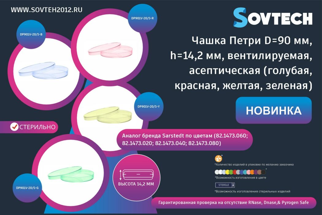 НОВИНКА от компании SOVTECH! Цветные Чашки Петри, ⌀90 мм, стерильные и нестерильные, асептические (голубая, красная, зеленая, желтая)